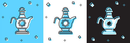 Set Islamic teapot icon isolated on blue and white, black background. Vector