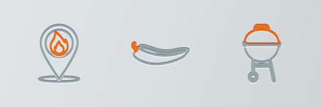 Set line Barbecue grill, Location with fire flame and Hot chili pepper pod icon. Vectorのイラスト素材