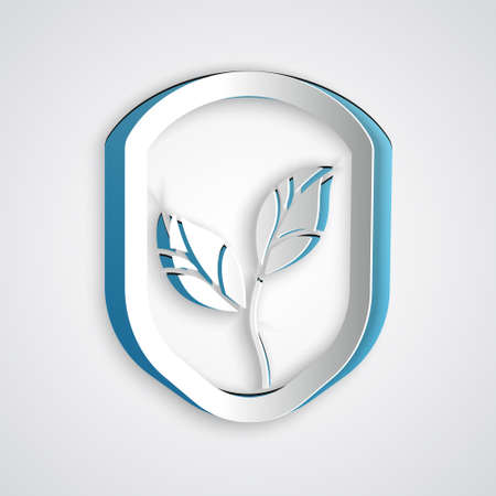 Paper cut Shield with leaf icon isolated on grey background. Eco-friendly security shield with leaf. Paper art style. Vectorのイラスト素材