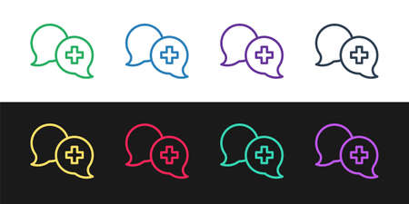 Set line Dialogue with the doctor icon isolated on black and white background. Doctor and patient dialog. Consulting about medical health services. Vectorのイラスト素材