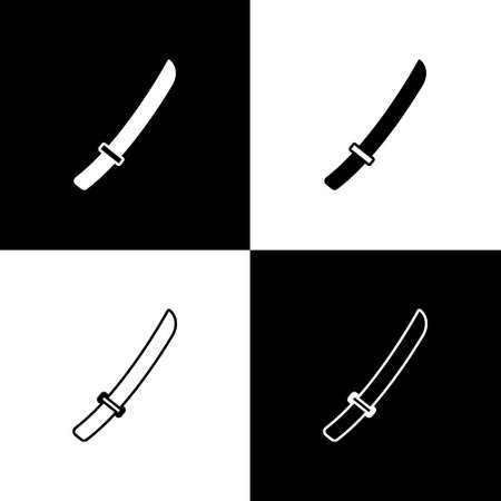 Set Traditional Japanese katana icon isolated on black and white background. Japanese sword. Vectorのイラスト素材