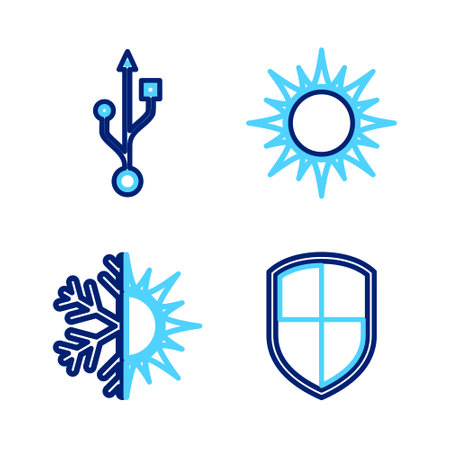 Set line Shield, Sun and snowflake, and USB icon. Vectorのイラスト素材
