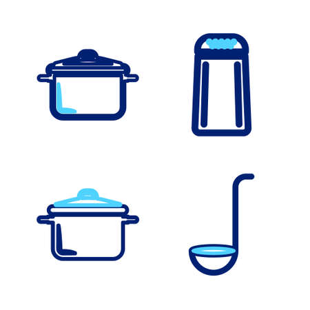 Set line Kitchen ladle, Cooking pot, Salt and pepper and icon. Vectorのイラスト素材