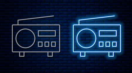Glowing neon line Radio with antenna icon isolated on brick wall background. Vectorのイラスト素材