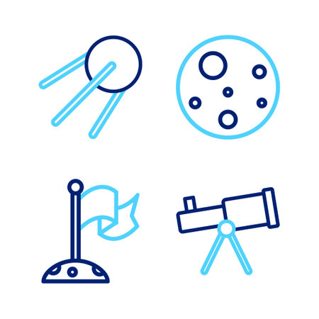Set line Telescope, Moon with flag, Planet Mars and Satellite icon. Vectorのイラスト素材