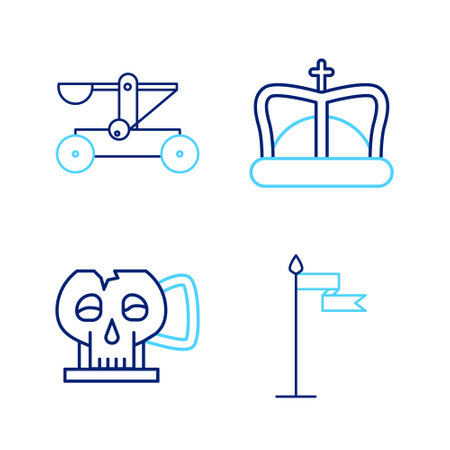 Set line Medieval flag, Cup from the skull, King crown and Catapult shooting stones icon. Vectorのイラスト素材