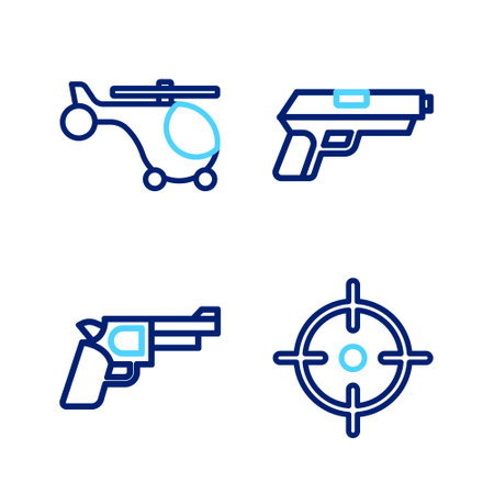 Set line Target sport, Pistol gun, and Helicopter icon. Vectorのイラスト素材