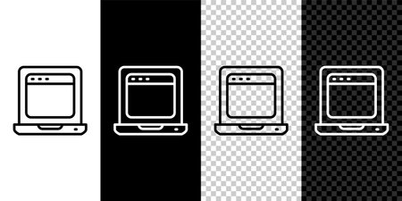 Set line Laptop with browser window icon isolated on black and white, transparent background. Computer notebook with empty screen sign. Vectorのイラスト素材