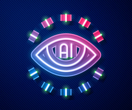 Glowing neon line Artificial intelligence AI icon isolated on blue background. Machine learning, cloud computing, automated support assistance and networks. Vectorのイラスト素材