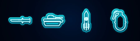 Set line Military knife, tank, Nuclear rocket and Hand grenade. Glowing neon icon. Vectorのイラスト素材