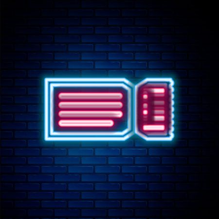 Glowing neon line Ticket icon isolated on brick wall background. Colorful outline concept. Vectorのイラスト素材