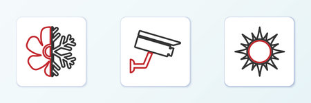Set line Sun, Air conditioner and Security camera icon. Vector