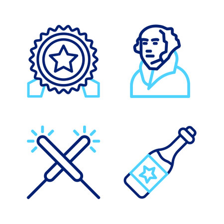 Set line Champagne bottle, Sparkler firework, George Washington and Medal with star icon. Vectorのイラスト素材