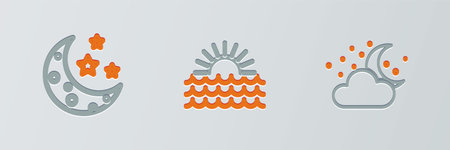 Set line Cloud with moon and stars, Moon and Sunset icon. Vectorのイラスト素材