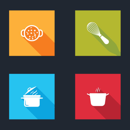Set Cooking soup in pot, Kitchen whisk, and icon. Vectorのイラスト素材