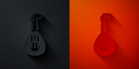 Paper cut Musical instrument lute icon isolated on black and red background. Arabic, Oriental, Greek music instrument. Paper art style. Vectorのイラスト素材