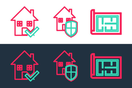 Set line House plan, with check mark and under protection icon. Vectorのイラスト素材