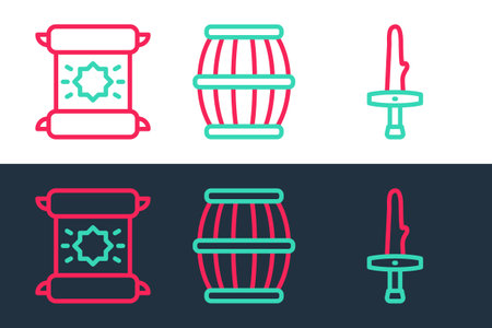 Set line Dagger, Decree, parchment, scroll and Gun powder barrel icon. Vectorのイラスト素材