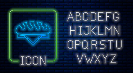 Glowing neon Bread loaf icon isolated on brick wall background. Neon light alphabet. Vectorのイラスト素材