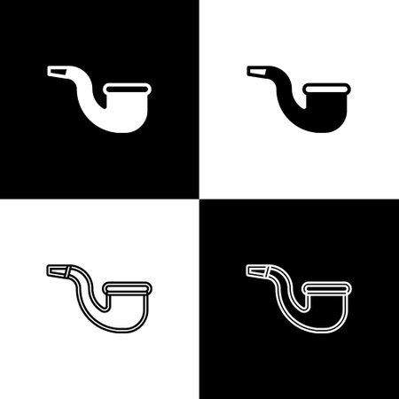 Set No pipe smoking icon isolated on black and white background. Dont smoke. Tobacco pipe. Vectorのイラスト素材