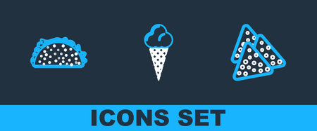 Set line Nachos, Taco with tortilla and Ice cream in waffle cone icon. Vectorのイラスト素材