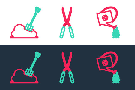 Set line Watering can, Shovel the ground and Gardening handmade scissor icon. Vectorのイラスト素材