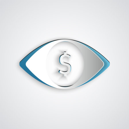 Paper cut Eye with dollar icon isolated on grey background. Paper art style. Vectorのイラスト素材