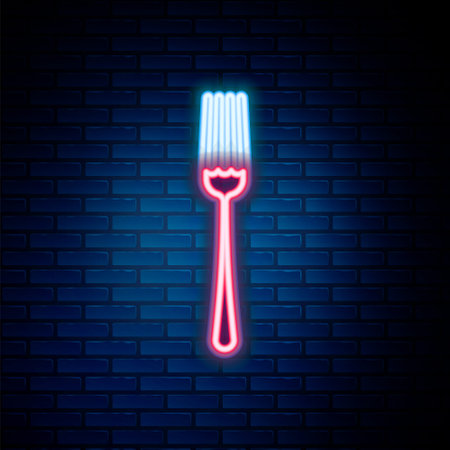 Glowing neon line Fork icon isolated on brick wall background. Cutlery symbol. Colorful outline concept. Vectorのイラスト素材