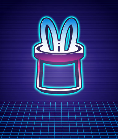 Retro style Magician hat and rabbit ears icon isolated futuristic landscape background. Magic trick. Mystery entertainment concept. 80s fashion party. Vectorのイラスト素材