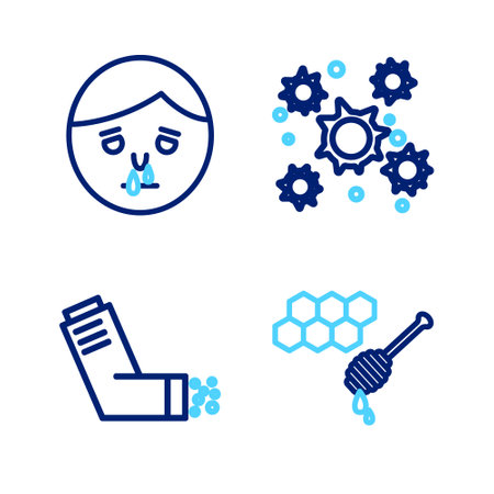 Set line Honeycomb with honey dipper, Inhaler, Bacteria and Runny nose icon. Vectorのイラスト素材