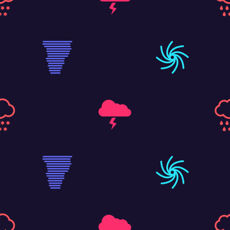 Set Tornado, , Storm and Cloud with snow and rain on seamless pattern. Vector