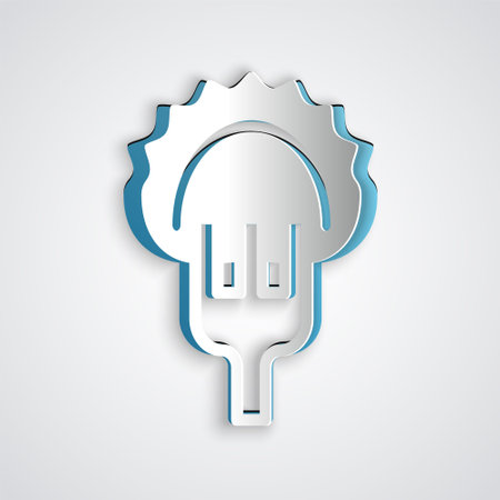 Paper cut Dumplings on fork icon isolated on grey background. Pierogi, varenyky, pelmeni, ravioli. Traditional Ukrainian food. Paper art style. Vectorのイラスト素材