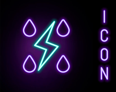 Glowing neon line Storm icon isolated on black background. Drop and lightning sign. Weather icon of storm. Colorful outline concept. Vectorのイラスト素材