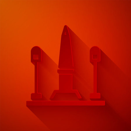 Paper cut Place De La Concorde in Paris, France icon isolated on red background. Paper art style. Vectorのイラスト素材