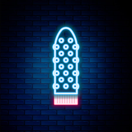 Glowing neon line Dildo vibrator for sex games icon isolated on brick wall background. Sex toy for adult. Vaginal exercise machines for intimate. Colorful outline concept. Vectorのイラスト素材