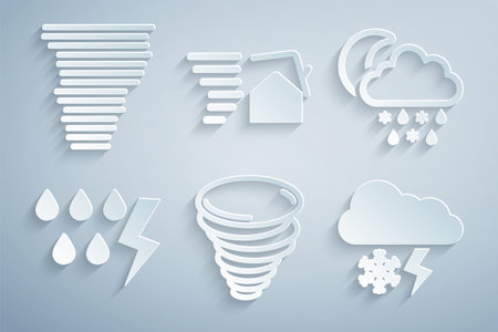 Set Tornado, Cloud with snow, rain, moon, Storm, and lightning, swirl and icon. Vectorのイラスト素材