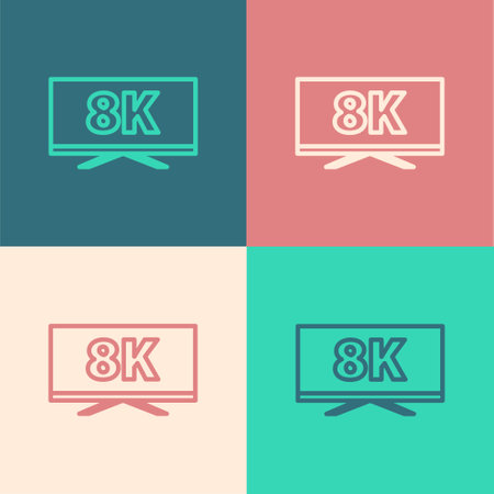 Pop art line Screen tv with 8k Ultra HD video technology icon isolated on color background. Vectorのイラスト素材