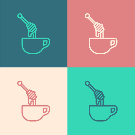 Pop art line Honey dipper stick with dripping honey icon isolated on color background. Honey ladle. Vectorのイラスト素材