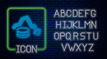 Glowing neon Dollar rate decrease icon isolated on brick wall background. Cost reduction. Money symbol with down arrow. Business lost crisis decrease. Neon light alphabet. Vectorのイラスト素材