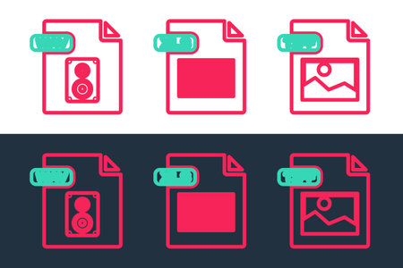 Set line TIFF file document, WAV and XLS icon. Vectorのイラスト素材