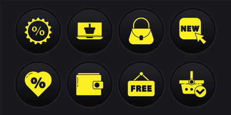 Set Discount percent tag in heart, Button with text New, Wallet, Price Free, Handbag, Shopping basket laptop, check mark and icon. Vectorのイラスト素材