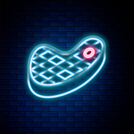 Glowing neon line Steak meat icon isolated on brick wall background. Colorful outline concept. Vectorのイラスト素材