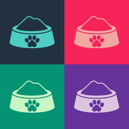 Pop art Pet food bowl for cat or dog icon isolated on color background. Dog or cat paw print. Vectorのイラスト素材