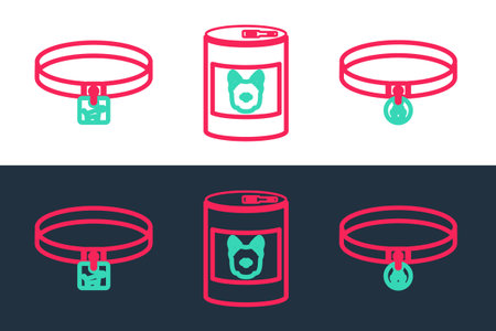 Set line Collar with name tag, Dog collar and Canned food for dog icon. Vectorのイラスト素材