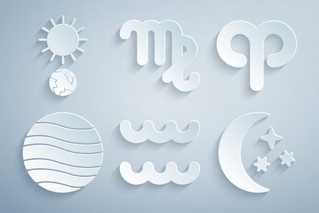 Set Aquarius zodiac, Aries, Planet Jupiter, Moon and stars, Virgo and Solstice icon. Vectorのイラスト素材