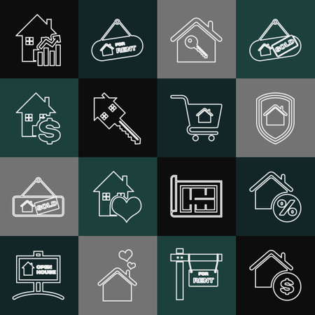 Set line House with dollar, percant, under protection, key, Rising cost of housing and Shopping cart house icon. Vectorのイラスト素材