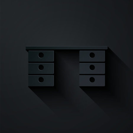 Paper cut Office desk icon isolated on black background. Paper art style. Vectorのイラスト素材