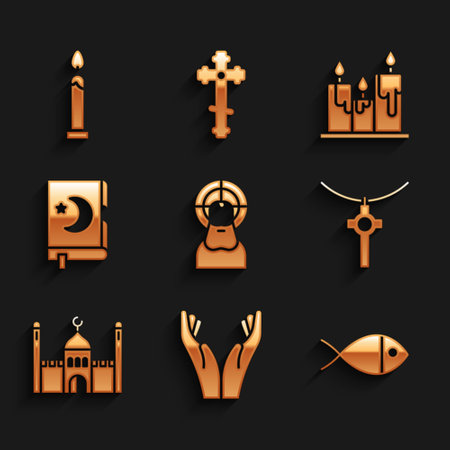 Ilustración de Set Jesus Christ, Hands in praying position, Christian fish, cross chain, Muslim Mosque, Holy book of Koran, Burning candles and icon. Vector - Imagen libre de derechos