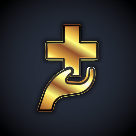 Gold Heart with a cross icon isolated on black background. First aid. Healthcare, medical and pharmacy sign. Vectorのイラスト素材