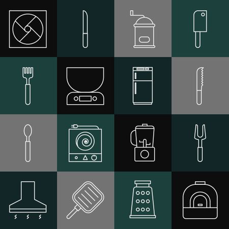 Set line Oven, Barbecue fork, Bread knife, Manual coffee grinder, Electronic scales, Fork, Ventilation and Refrigerator icon. Vectorのイラスト素材